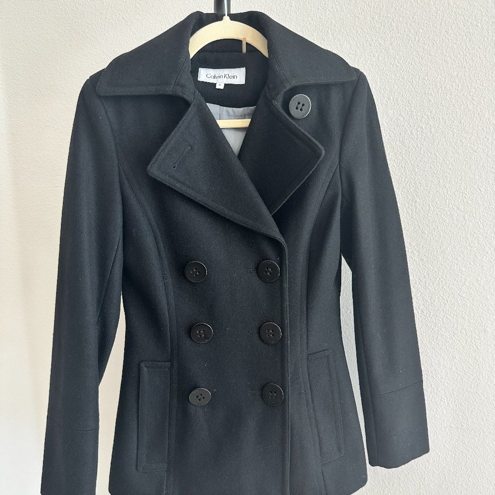 Calvin Klein Classic Double-Breasted, Wool-Blend Pea Coat Black Women's size 0